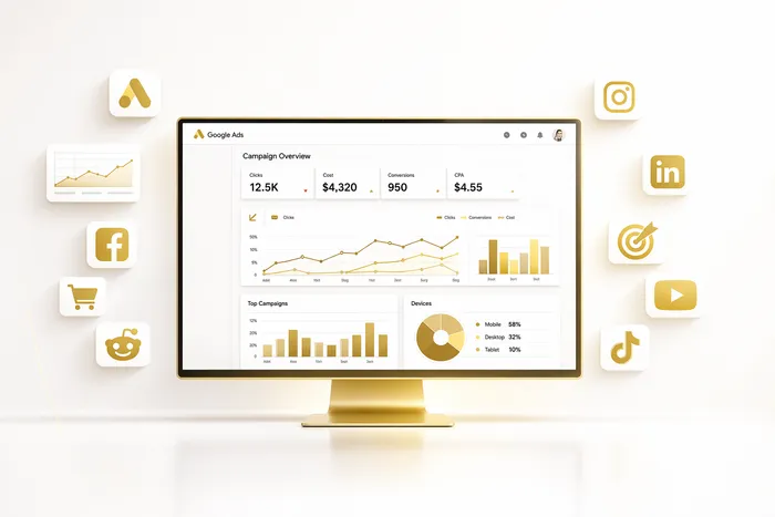 Google Ads campaign dashboard with performance metrics