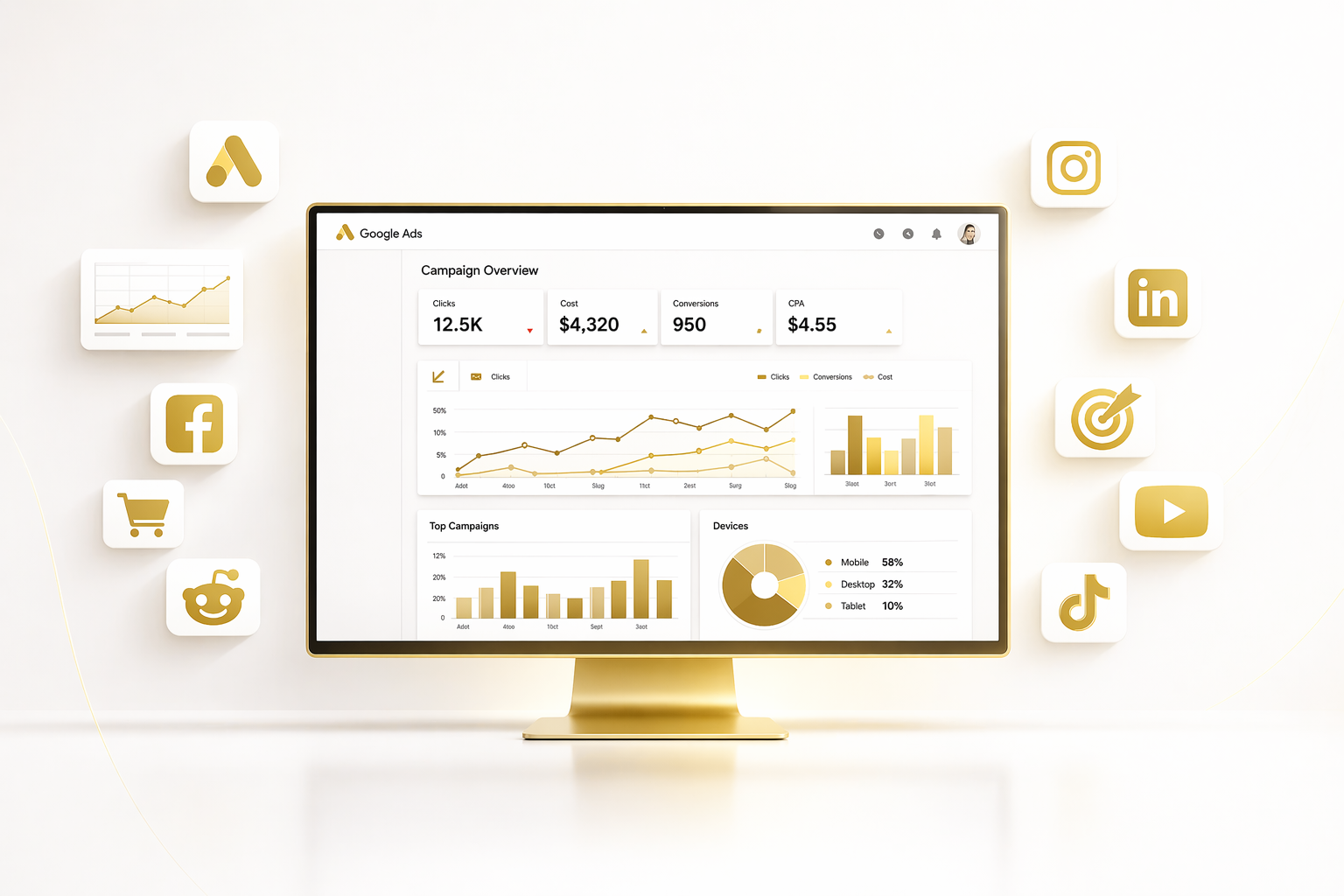 Google Ads campaign dashboard with performance metrics
