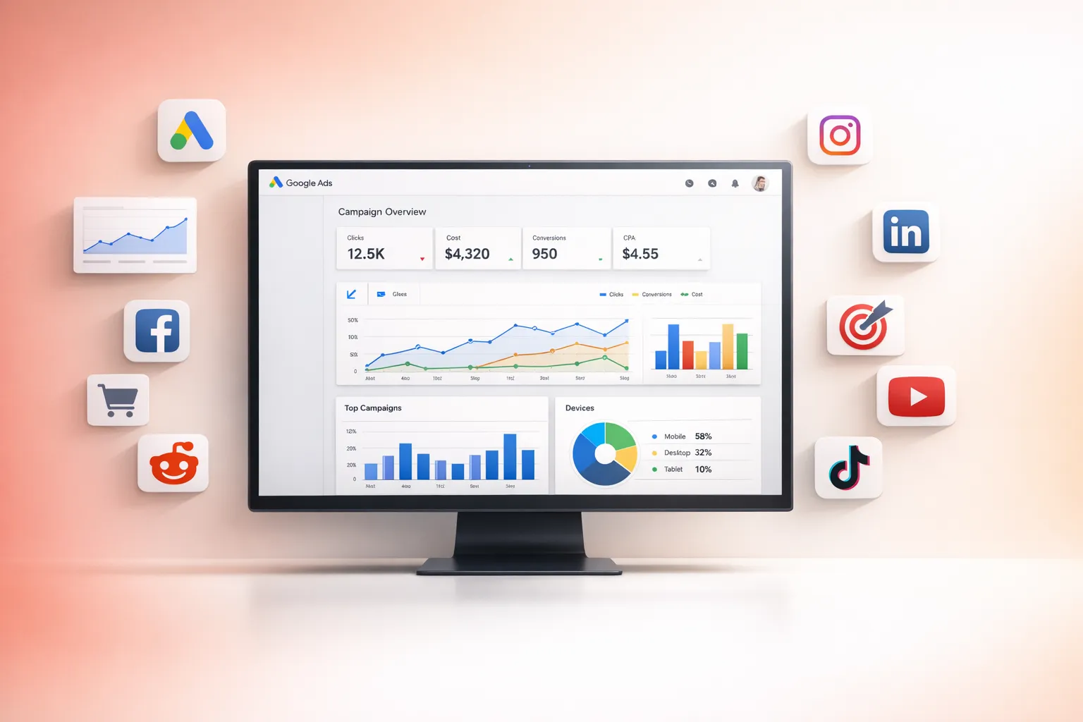 Google Ads campaign dashboard with performance metrics