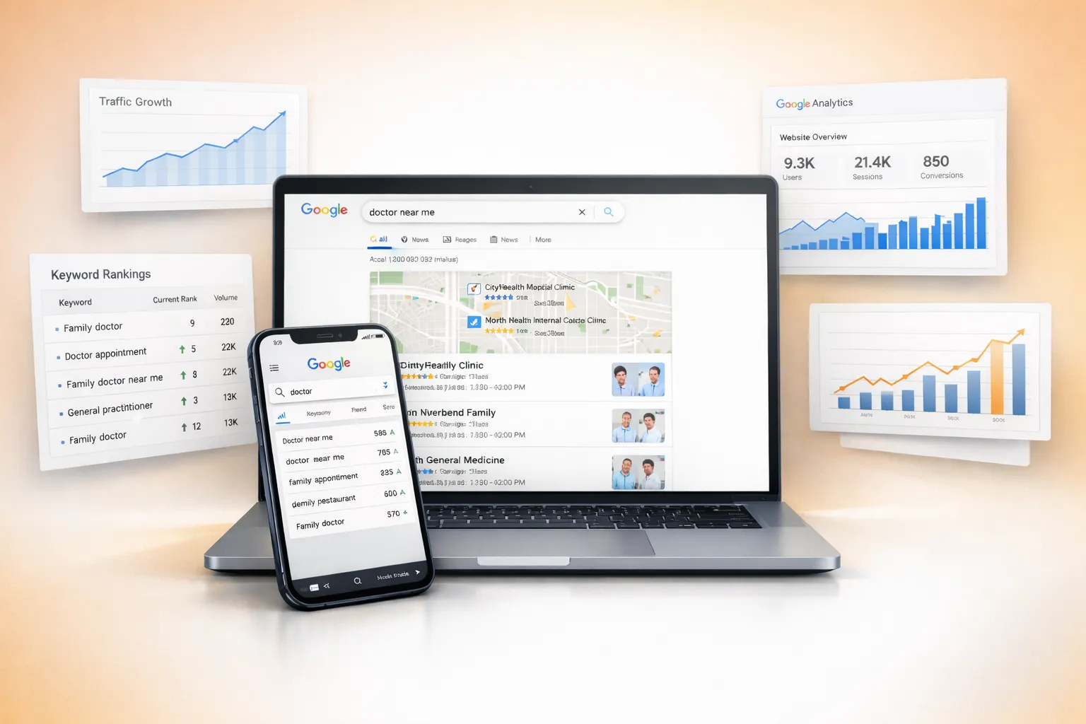 SEO analytics dashboard showing keyword rankings and traffic growth
